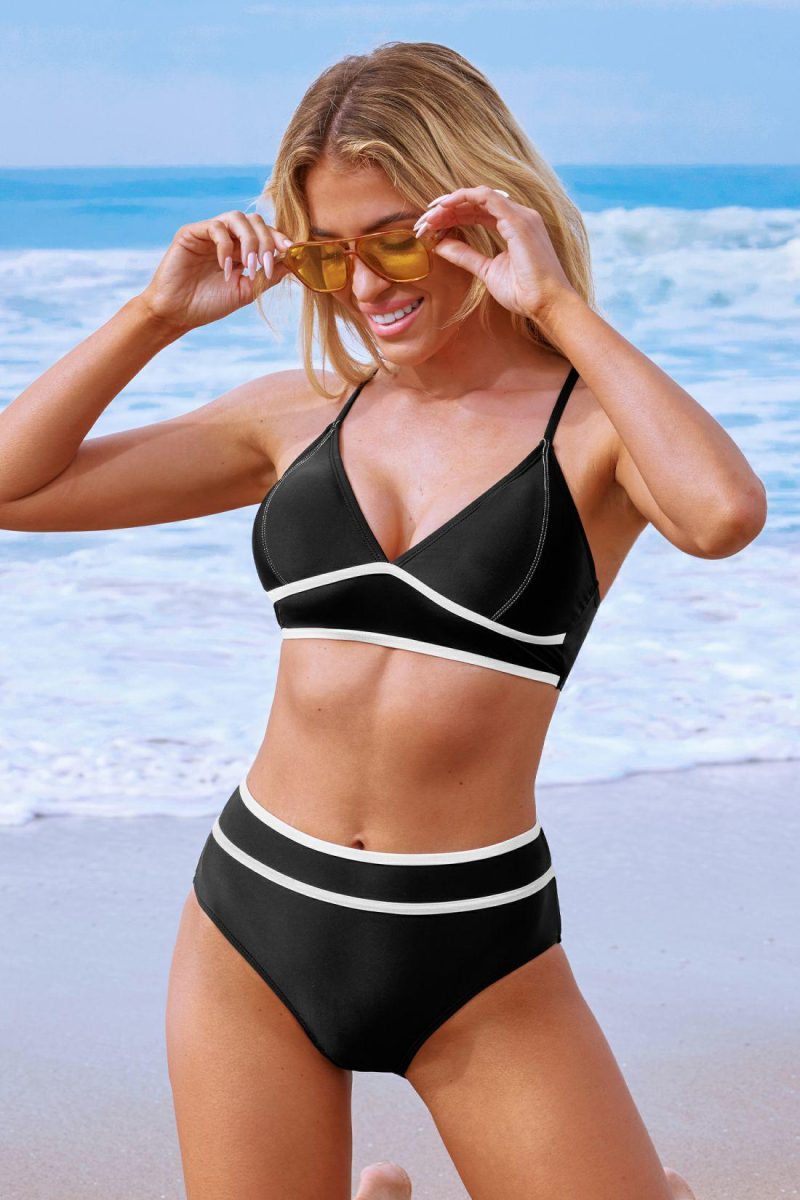 Bikini Sets | Black Crossback Top & Contrast Piping Bikini Swimsuit – Womens Bikini Bikini Sets