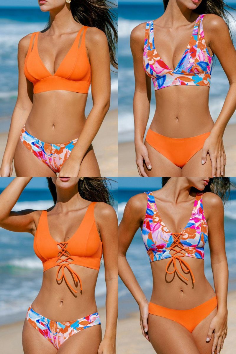 Bikini Sets | Colorful Leaves Reversible Bikini Top & Standard Bottoms Set – Womens Bikini Bikini Sets