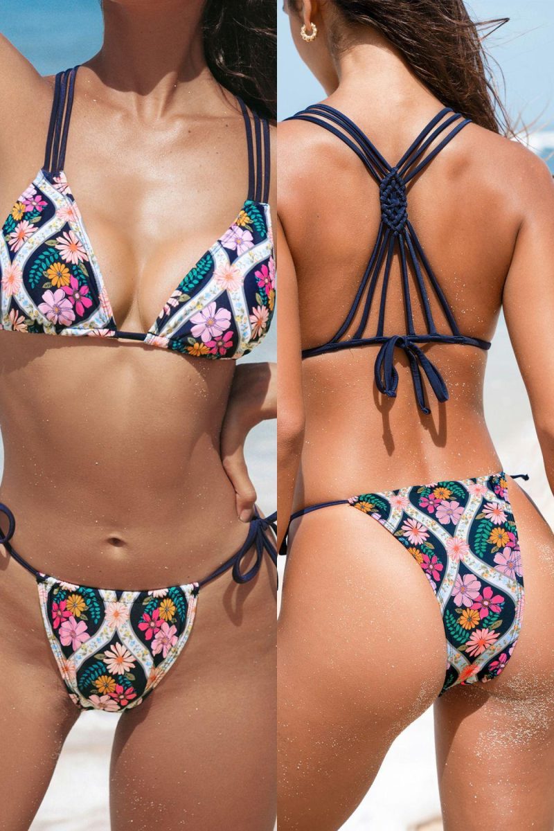 Bikini Sets | Ethnic Flower Strappy Bikini Top & Side Tie Bottoms Set – Womens Bikini Bikini Sets