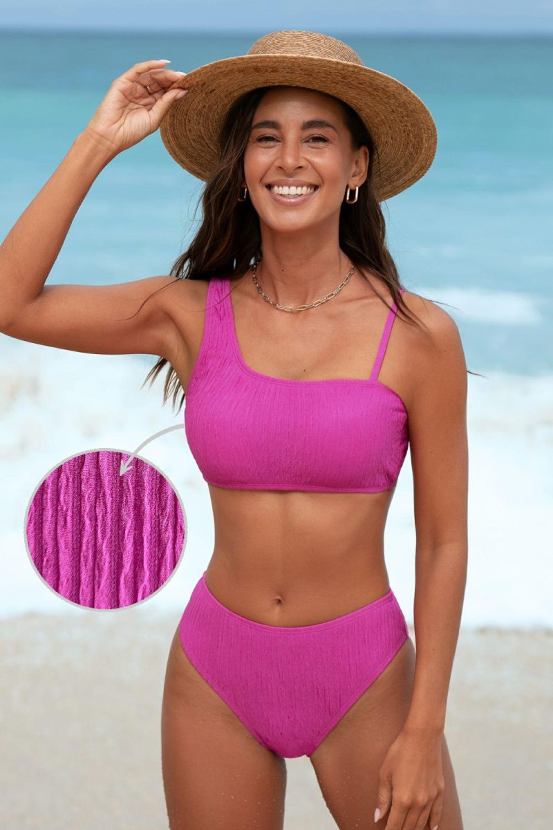 Bikini Sets | Pink Asymmetrical Bikini Top & Mid Rise Bottom Set – Womens Bikini Bikini Sets