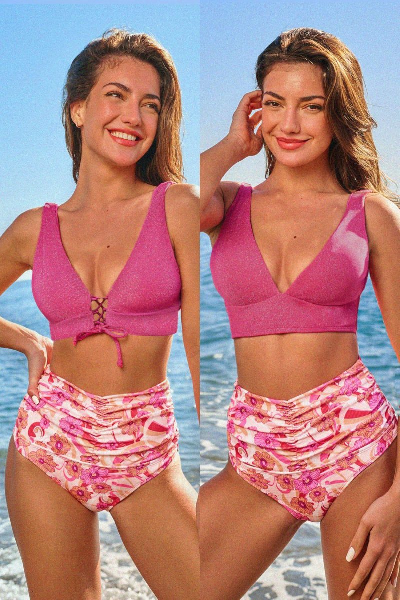 Bikini Sets | Pink Plunging Bikini Top & Floral High-Rise Bottoms Set – Womens Bikini Bikini Sets