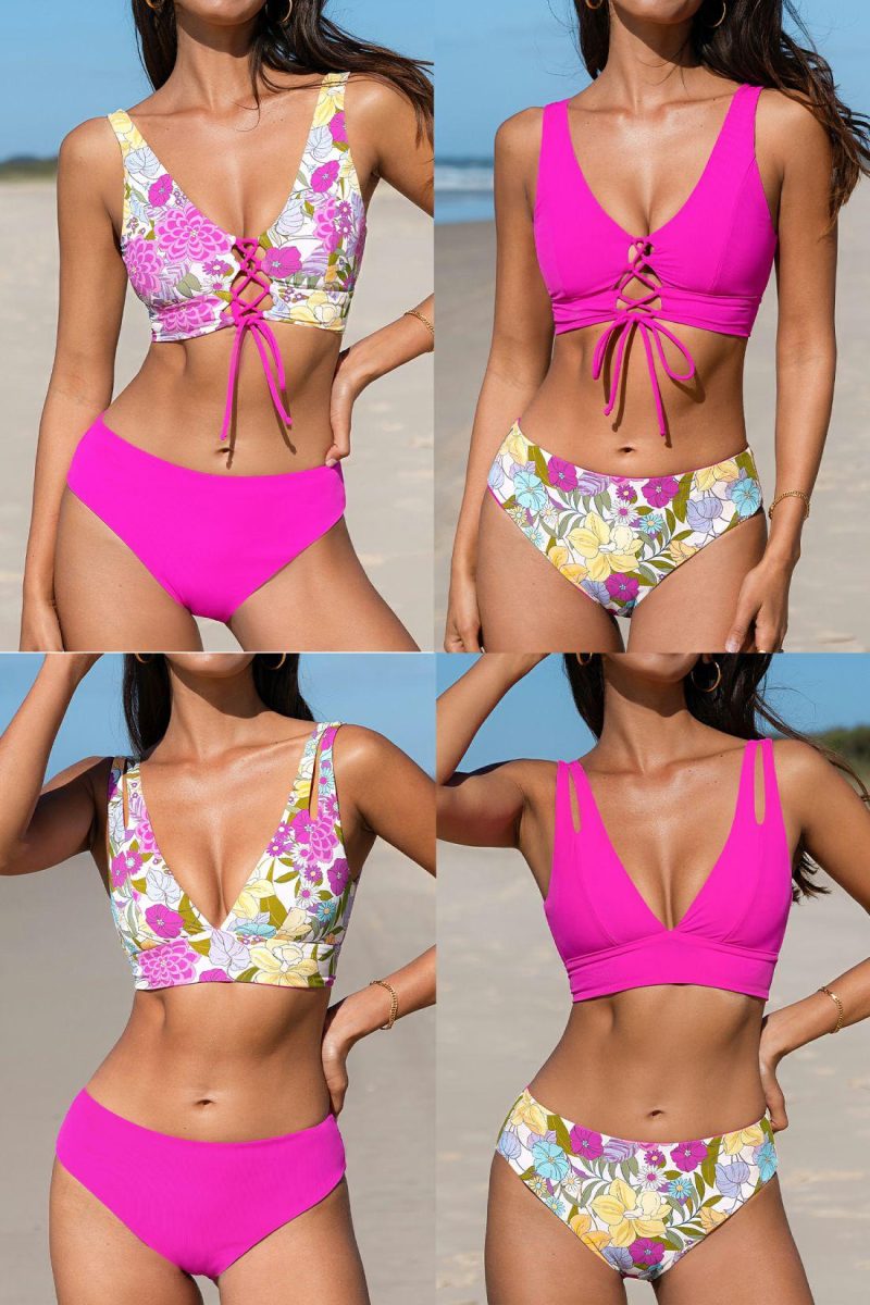 Bikini Sets | Plunging Lace-Up Bikini Top & Reversible Bottoms Set – Womens Bikini Bikini Sets