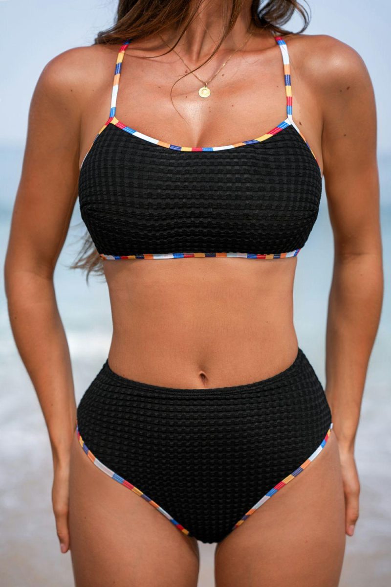 Bikini Sets | Textured Black Square Neck Bikini Top & Cheeky Bottoms Set – Womens Bikini Bikini Sets