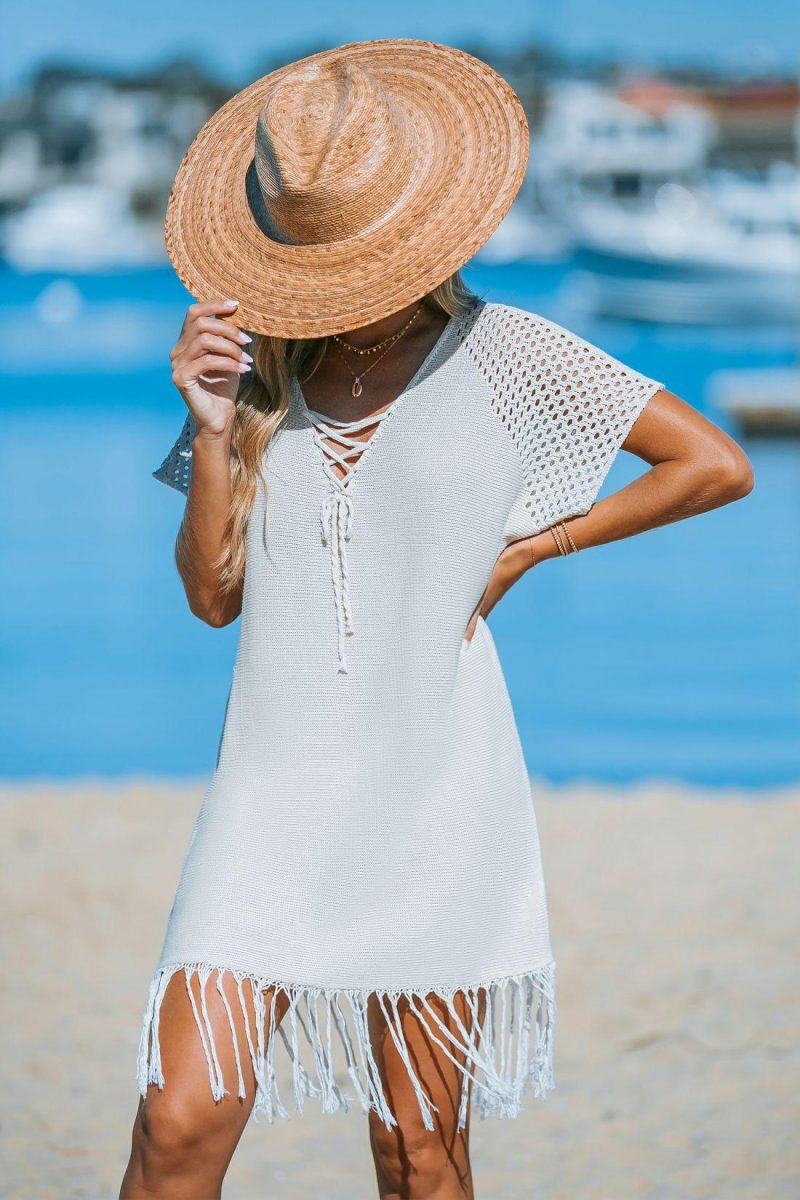 Cover Ups | Apricot Lace-Up Crochet Mini Cover-Up – Womens Cover Ups Apricot