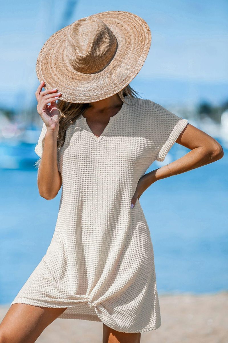 Cover Ups | Beige Waffle Knit Short Sleeve Hem Twist Mini Cover-Up – Womens Cover Ups Beige