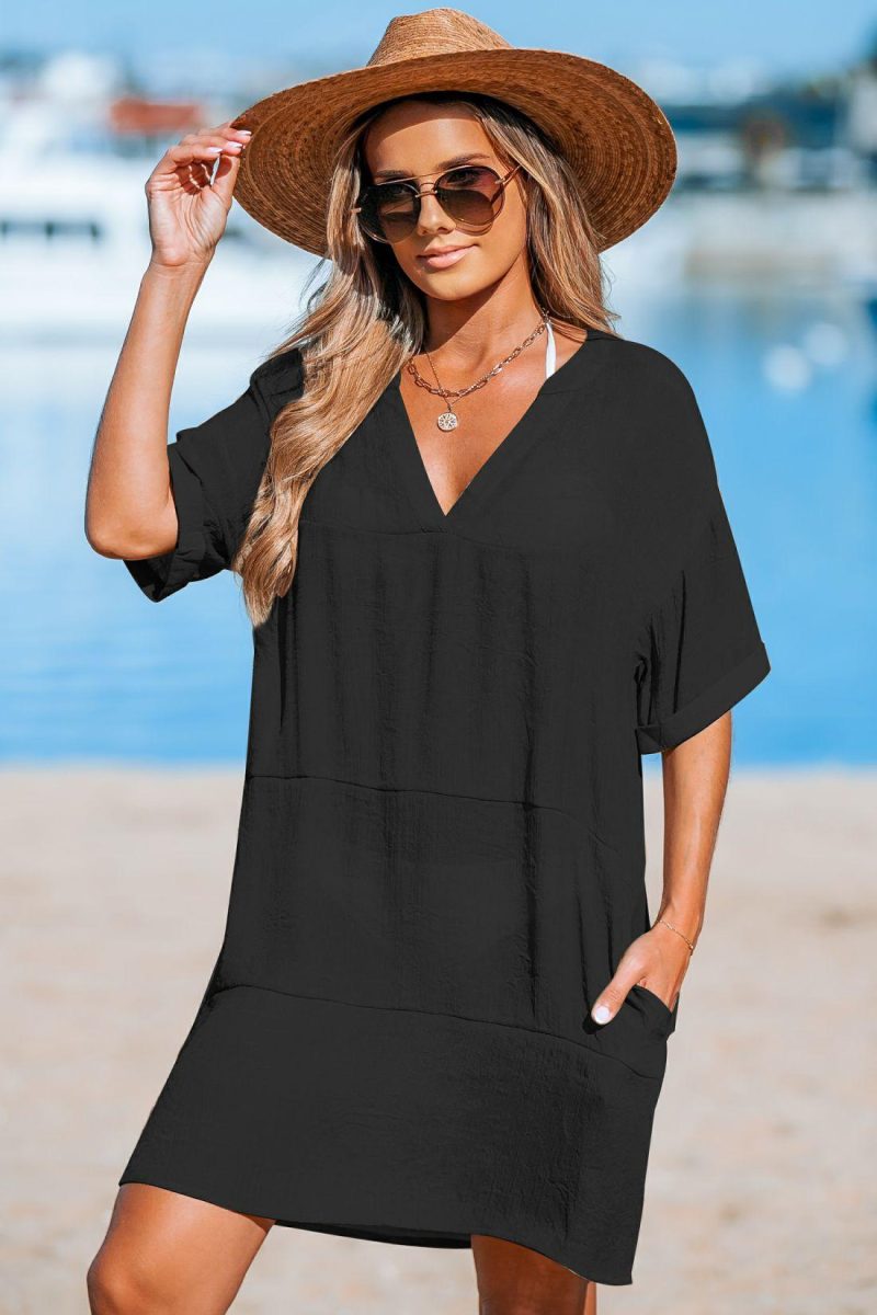 Cover Ups | Black Drop Shoulder Short Sleeve Mini Cover-Up – Womens Cover Ups Black