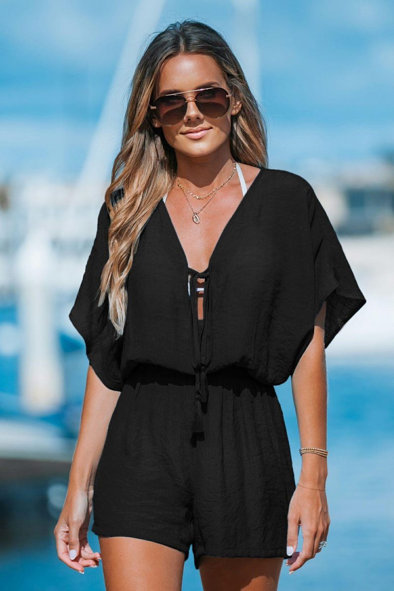 Cover Ups | Black Plunging Tassel Tie Cover-Up Playsuit – Womens Cover Ups Black