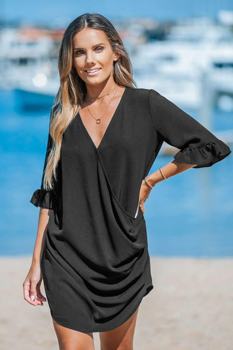 Cover Ups | Black Ruched Surplice Cover-Up – Womens Cover Ups Black