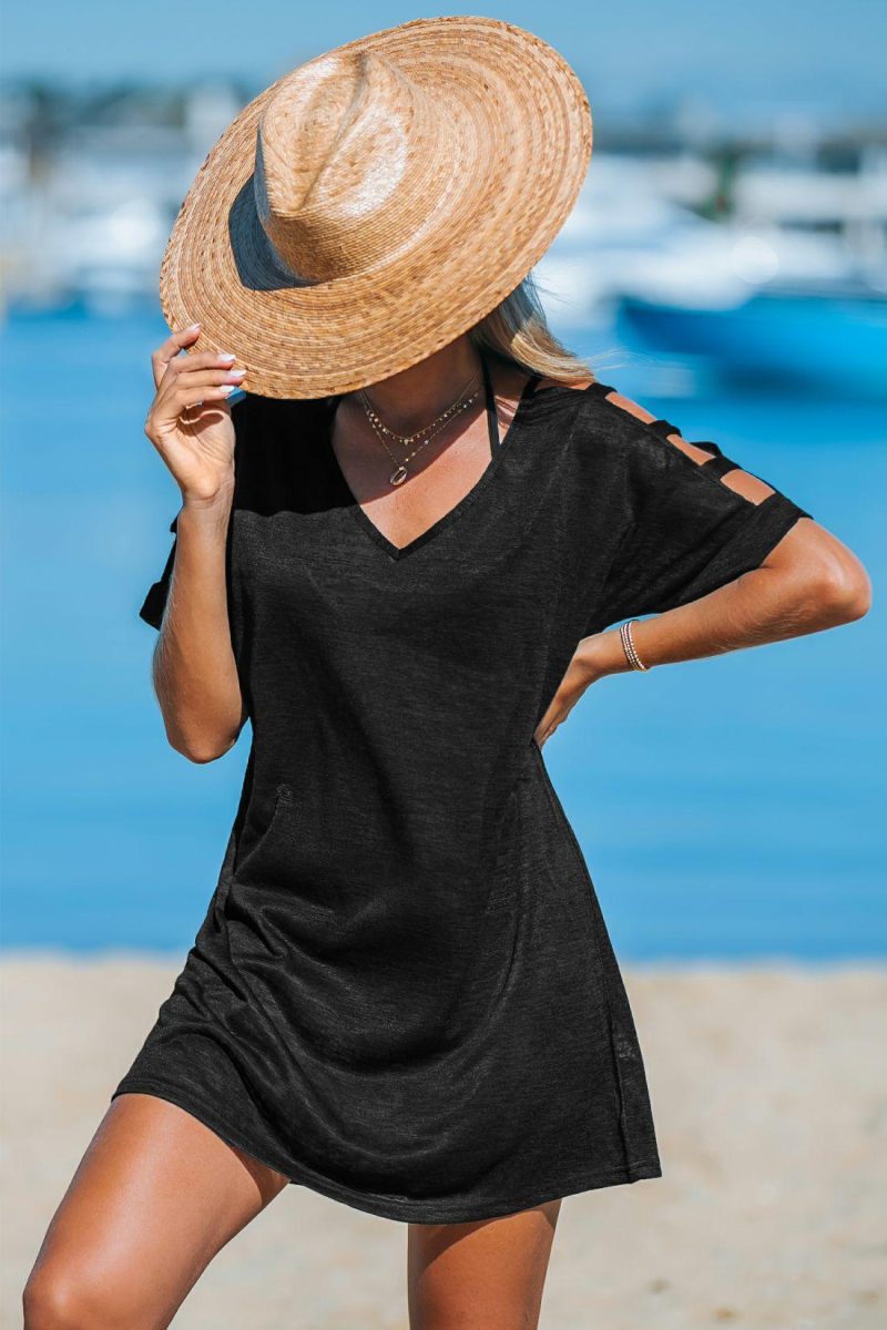 Cover Ups | Black V-Neck Short Sleeve Cover-Up – Womens Cover Ups Black