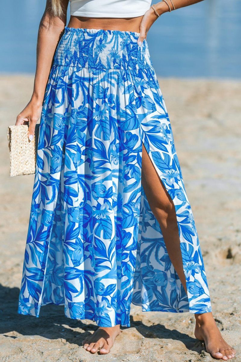 Cover Ups | Blue Tropical Smocked Waist Maxi Cover-Up Skirt – Womens Cover Ups Blue