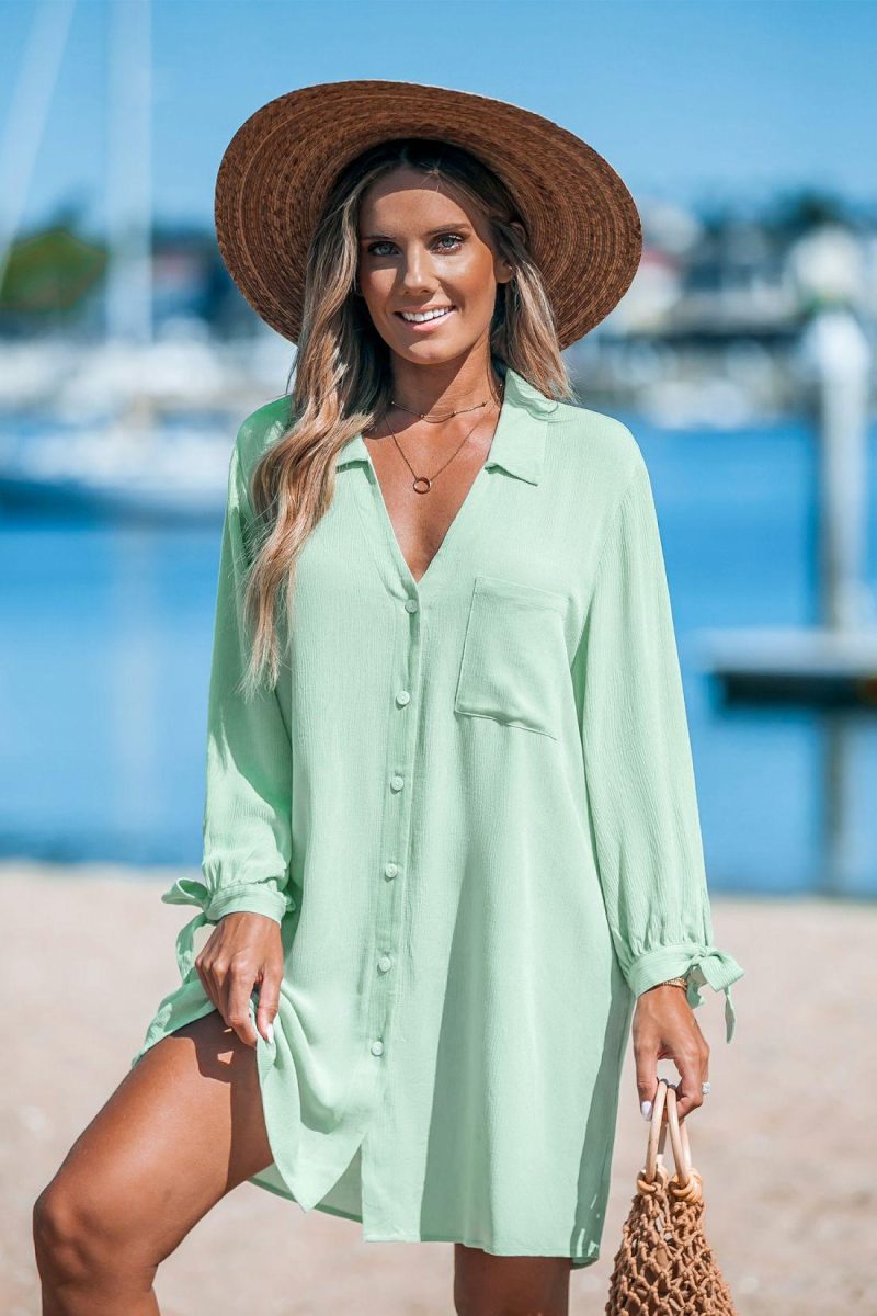 Cover Ups | Collared V-Neck Long Sleeve Cover-Up – Womens Cover Ups Cover Ups