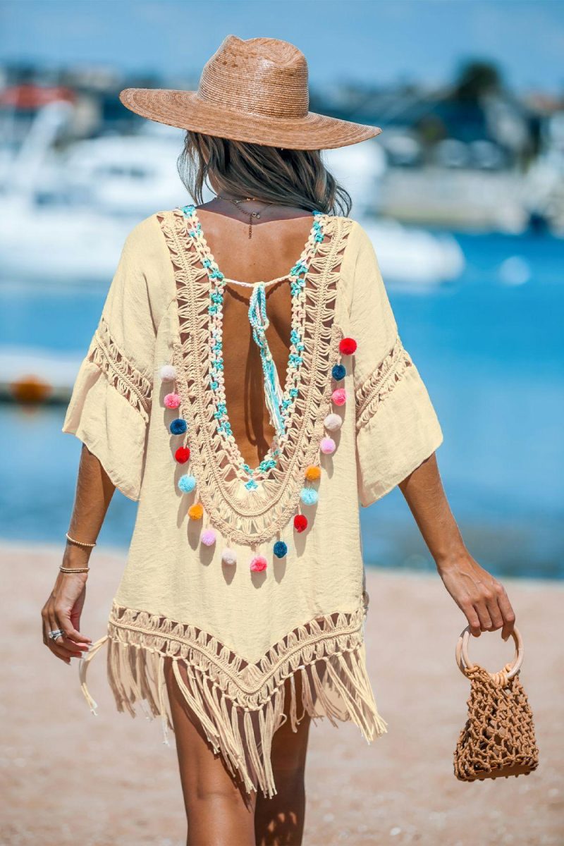 Cover Ups | Crochet V-Neck Tassel Cover-Up Dress – Womens Cover Ups Apricot