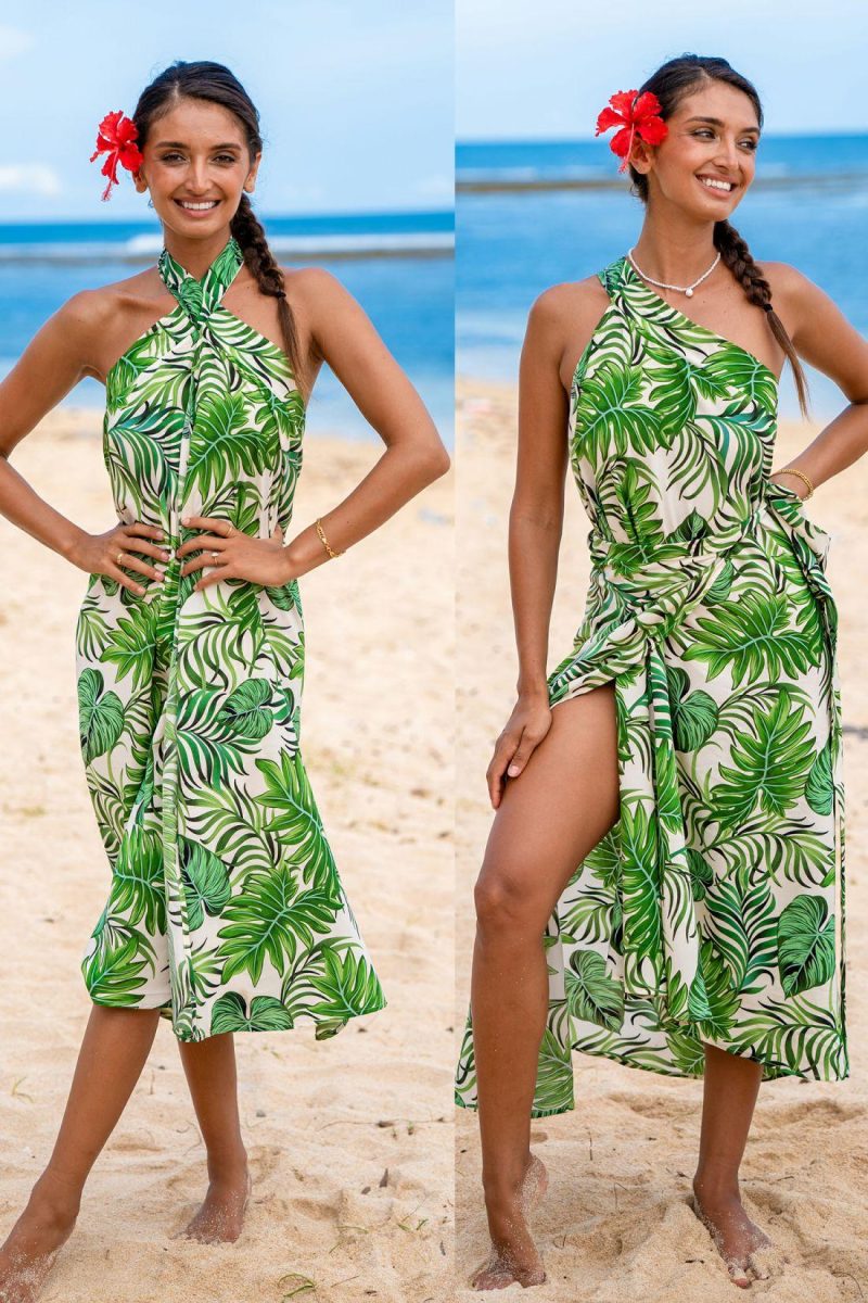 Cover Ups | Green Palm Leaf One-Shoulder Maxi Cover-Up – Womens Cover Ups Cover Ups