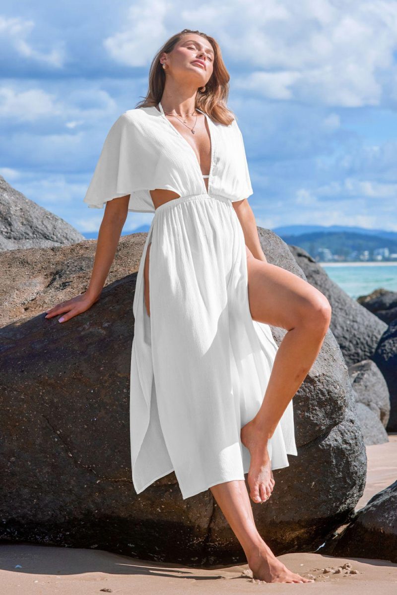 Cover Ups | Ivory Plunging Ruffled Sleeve Cover-Up Dress – Womens Cover Ups Cover Ups