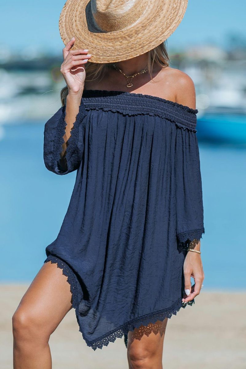 Cover Ups | Navy Off Shoulder Asymmetrical Hem Cover-Up Dress – Womens Cover Ups Cover Ups