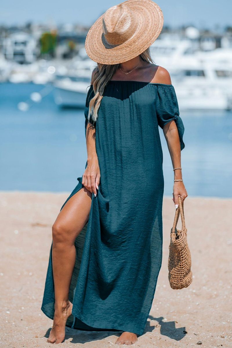 Cover Ups | Navy Off-Shoulder Split Hem Maxi Cover-Up Dress – Womens Cover Ups Cover Ups