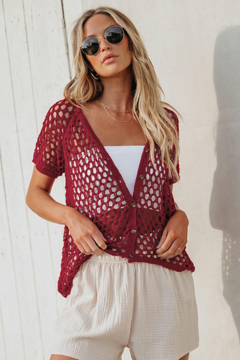 Cover Ups | Open Knit Front Button Cover-Up – Womens Cover Ups Burgandy