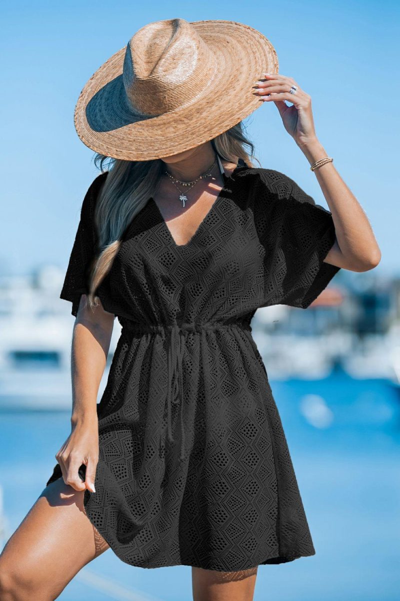 Cover Ups | Sheer Black Short Sleeve Cover-Up Dress – Womens Cover Ups Black