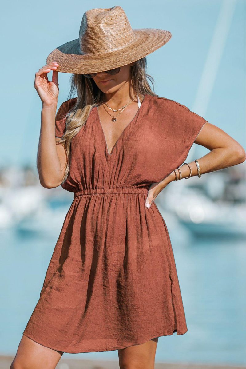 Cover Ups | Short Sleeve Cover-Up Mini Dress – Womens Cover Ups Burnt Orange