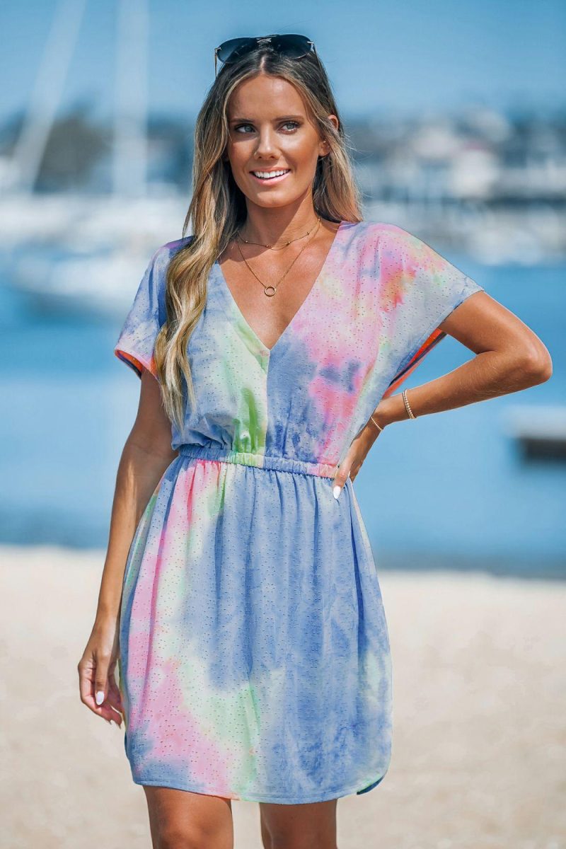 Cover Ups | Tie Dye Plunging Dolman Sleeve Mini Cover-Up – Womens Cover Ups Cover Ups