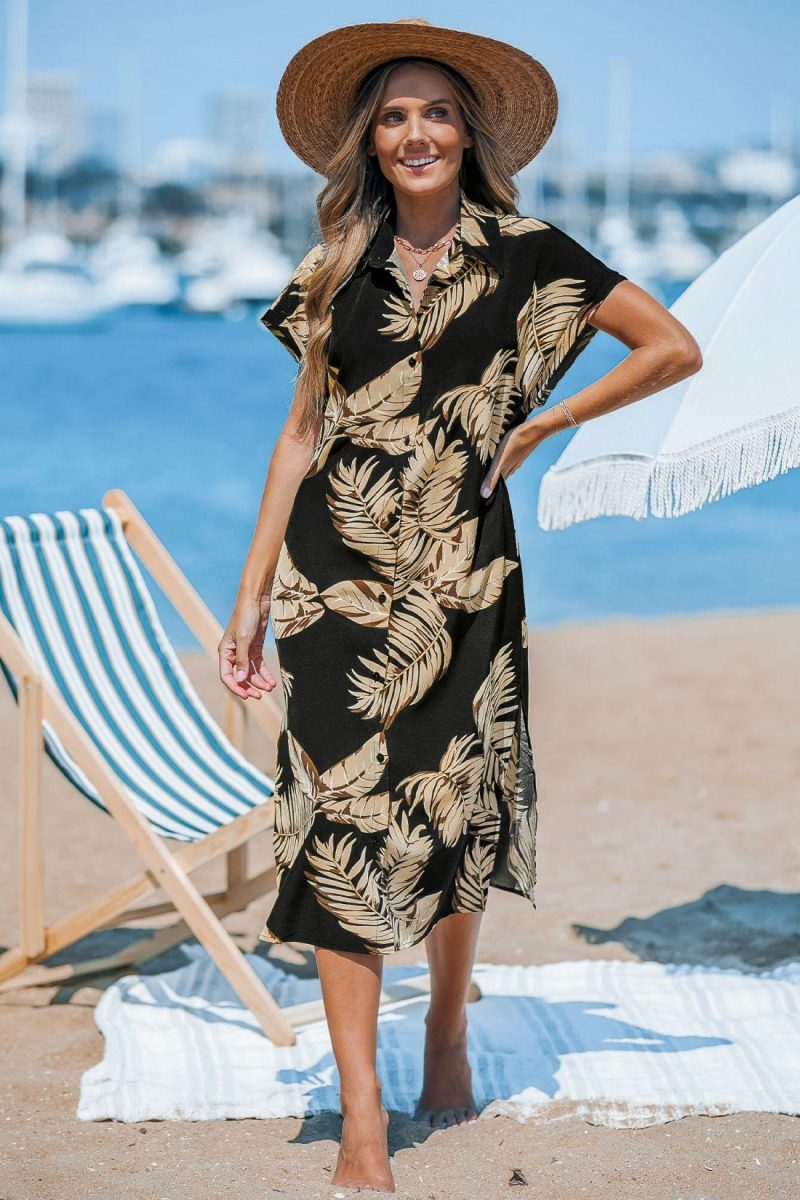 Cover Ups | Tropical Leaf Print Cover-Up Dress – Womens Cover Ups Black