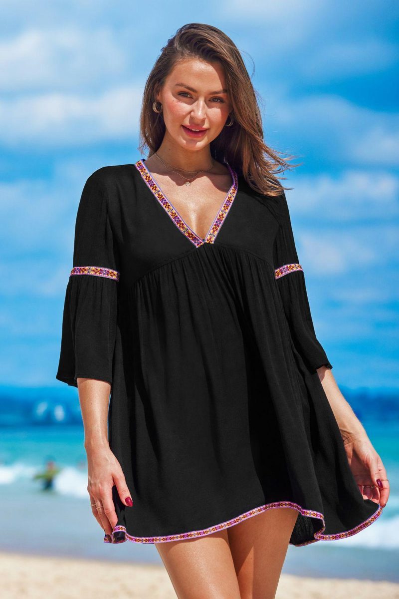 Cover Ups | V-Neck Flared Sleeve Cover-Up – Womens Cover Ups Black