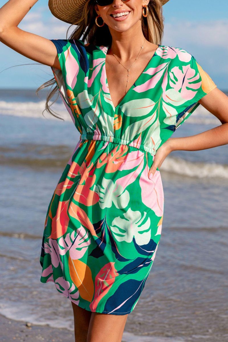 Cover Ups | Vibrant Tropics Short Sleeve Mini Cover-Up Dress – Womens Cover Ups Cover Ups