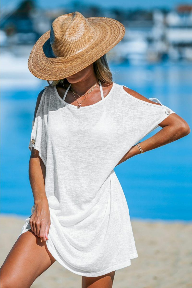 Cover Ups | White Boat Neck Cutout Shoulder Cover-Up – Womens Cover Ups Cover Ups