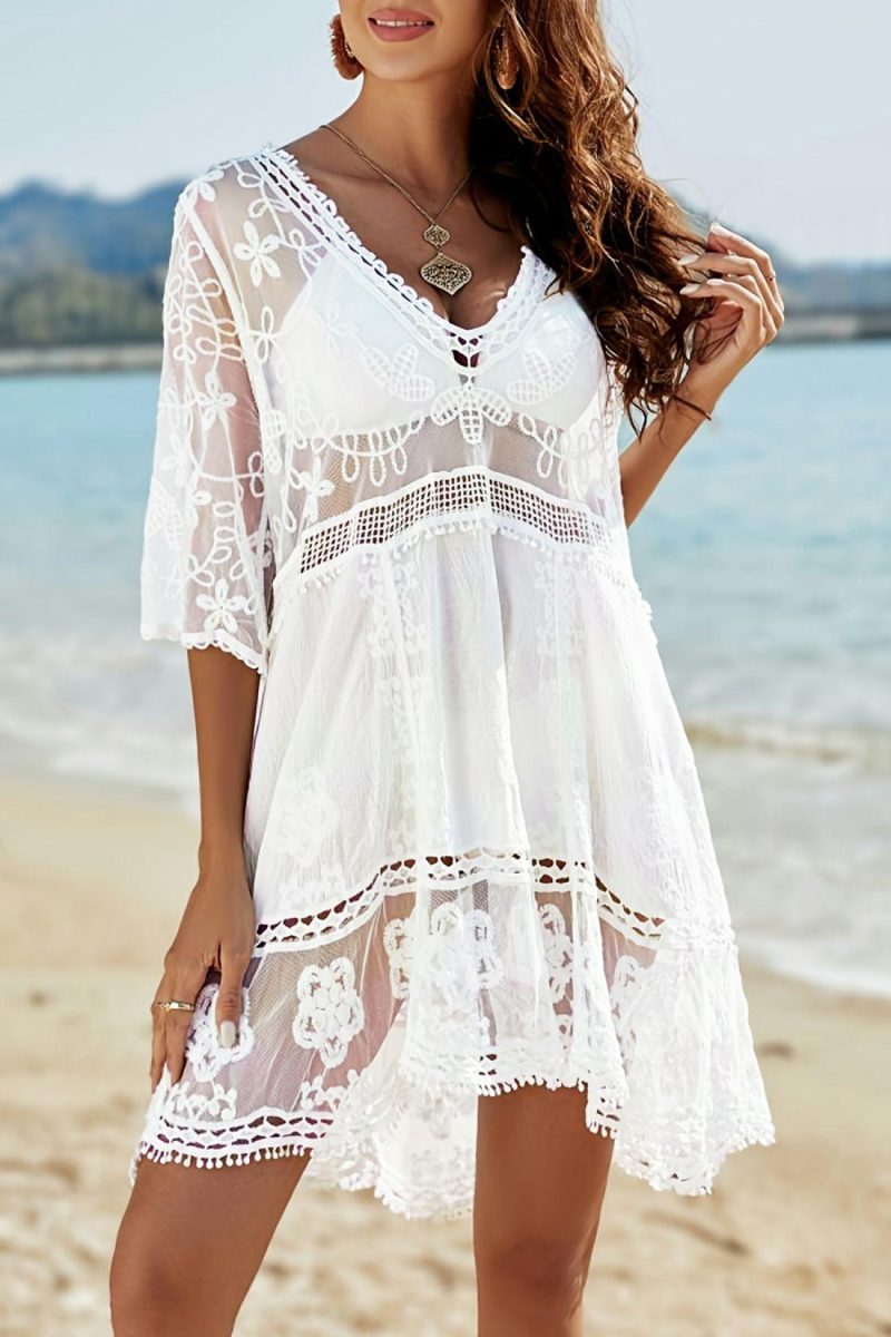 Cover Ups | White Lace Long Sleeve Mini Cover-Up – Womens Cover Ups Cover Ups