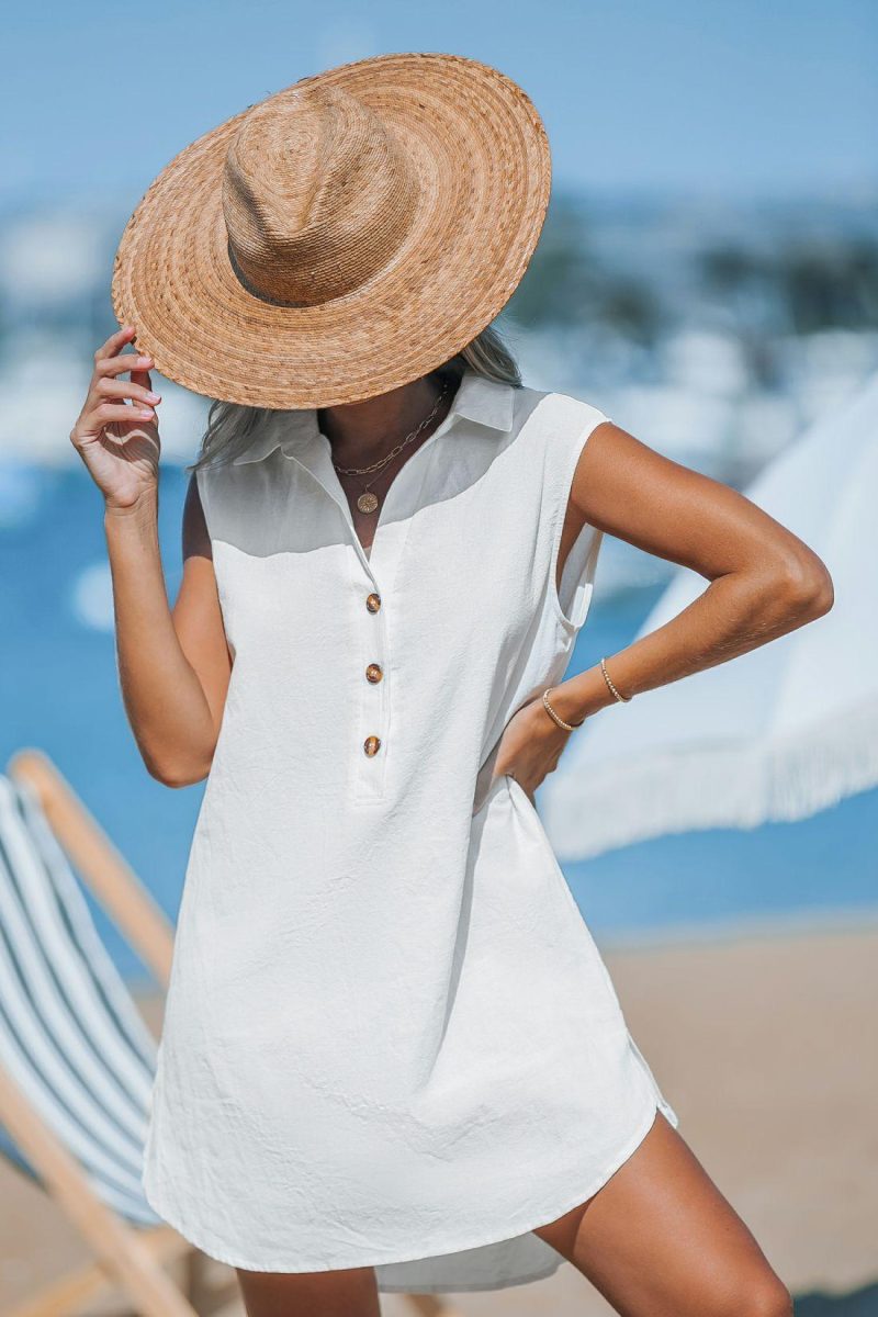 Cover Ups | White Linen Collared Sleeveless Mini Dress – Womens Cover Ups Cover Ups