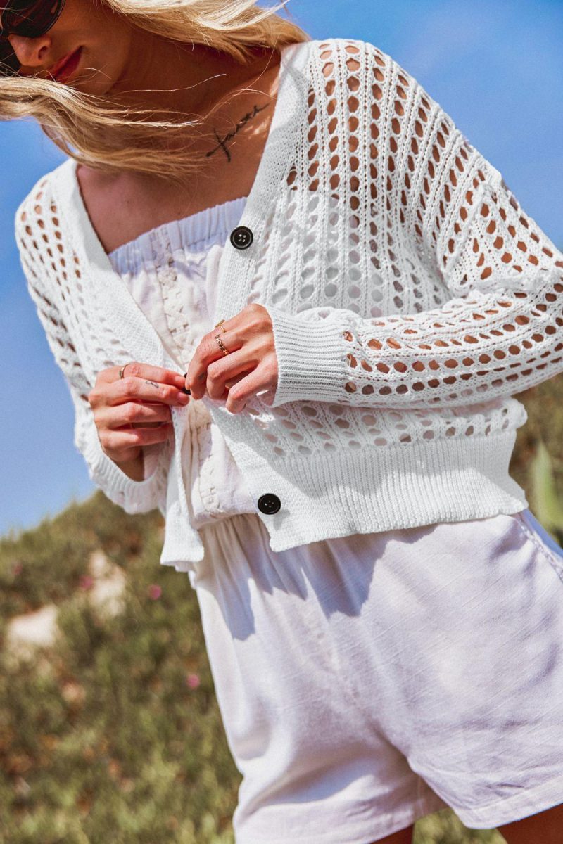 Cover Ups | White Long Sleeve Front Button Crochet Cover Up – Womens Cover Ups Cover Ups