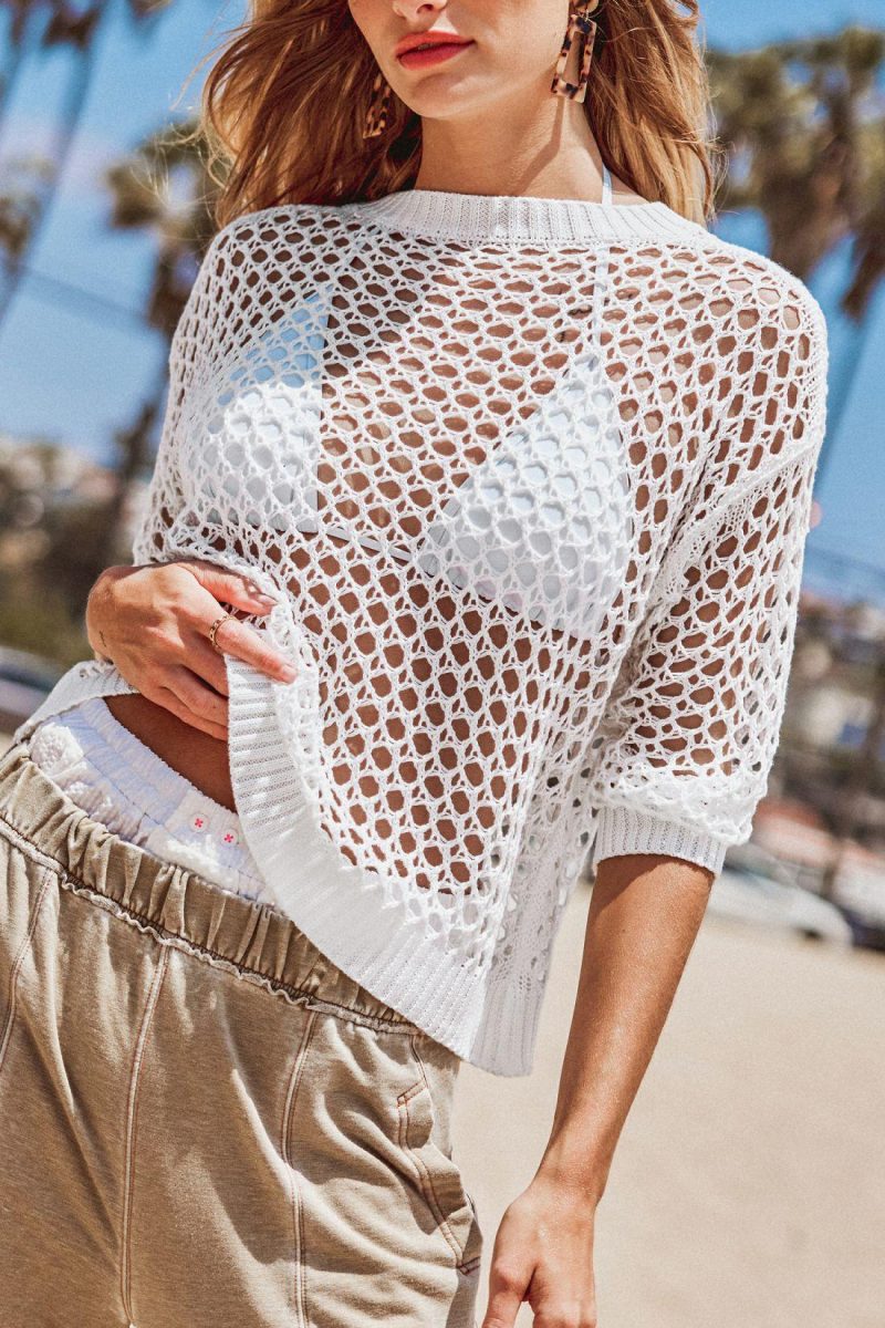 Cover Ups | White Round Neck Long Sleeve Crochet Cover-Up – Womens Cover Ups Cover Ups