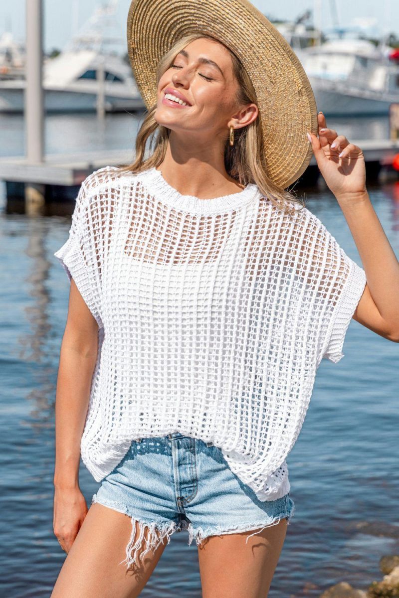 Cover Ups | White Round Neck Short Sleeve Open Knit Cover-Up Top – Womens Cover Ups Cover Ups