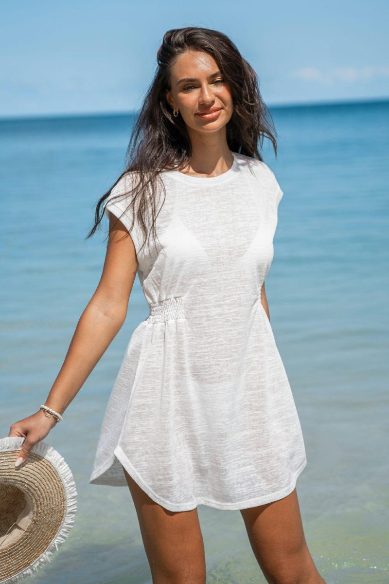 Cover Ups | White Round Neck Smocked Waist Cover-Up Dress – Womens Cover Ups Cover Ups