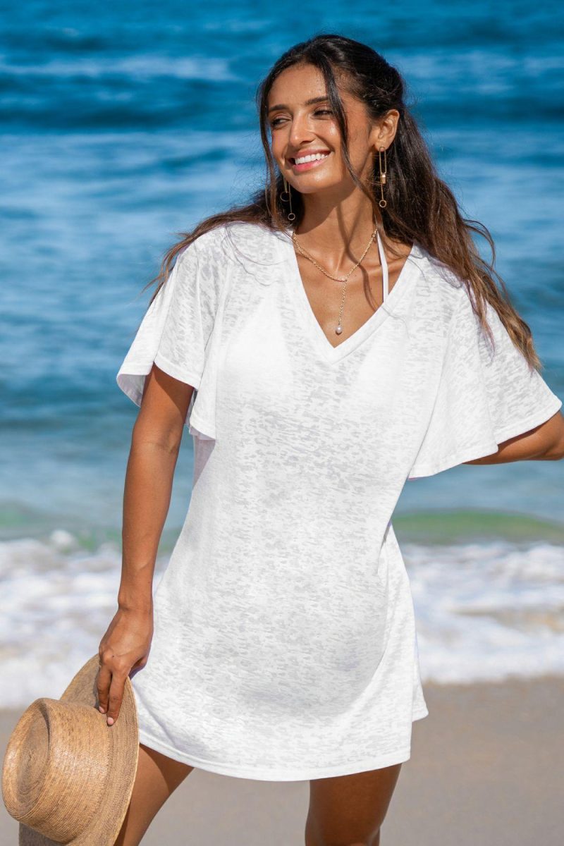 Cover Ups | White Ruffle Sleeve Jersey Cover-Up – Womens Cover Ups Cover Ups