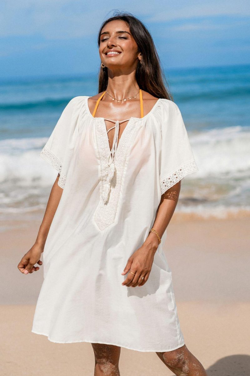 Cover Ups | White Scoop Neck Tassel Tie Cover-Up Dress – Womens Cover Ups Cover Ups