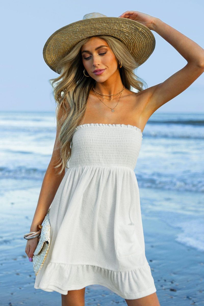 Cover Ups | White Smocked Bodice Tube Top Cover-Up Dress – Womens Cover Ups Cover Ups