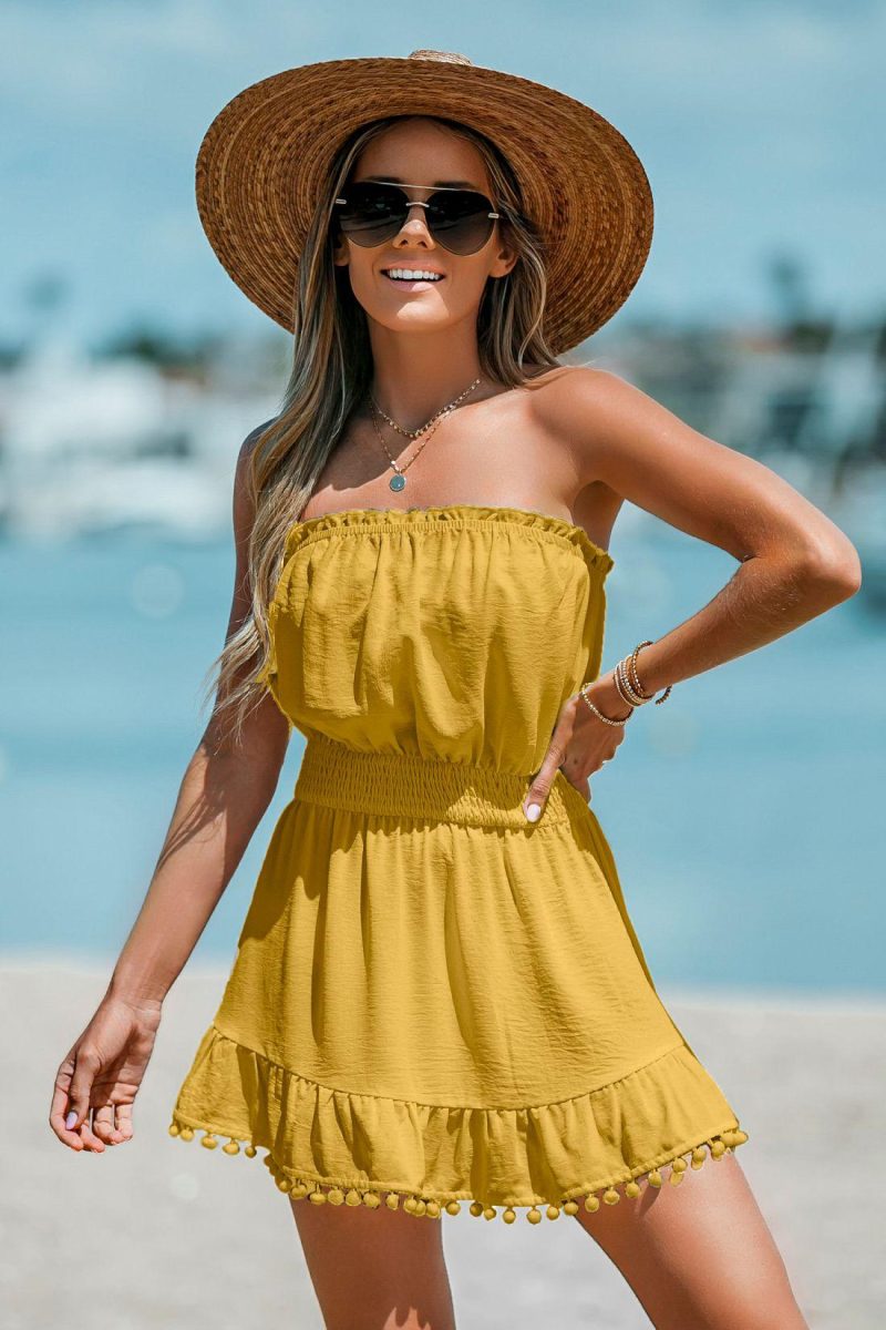 Cover Ups | Yellow Smocked Waist Pom-Pom Hem Tube Cover-Up – Womens Cover Ups Cover Ups