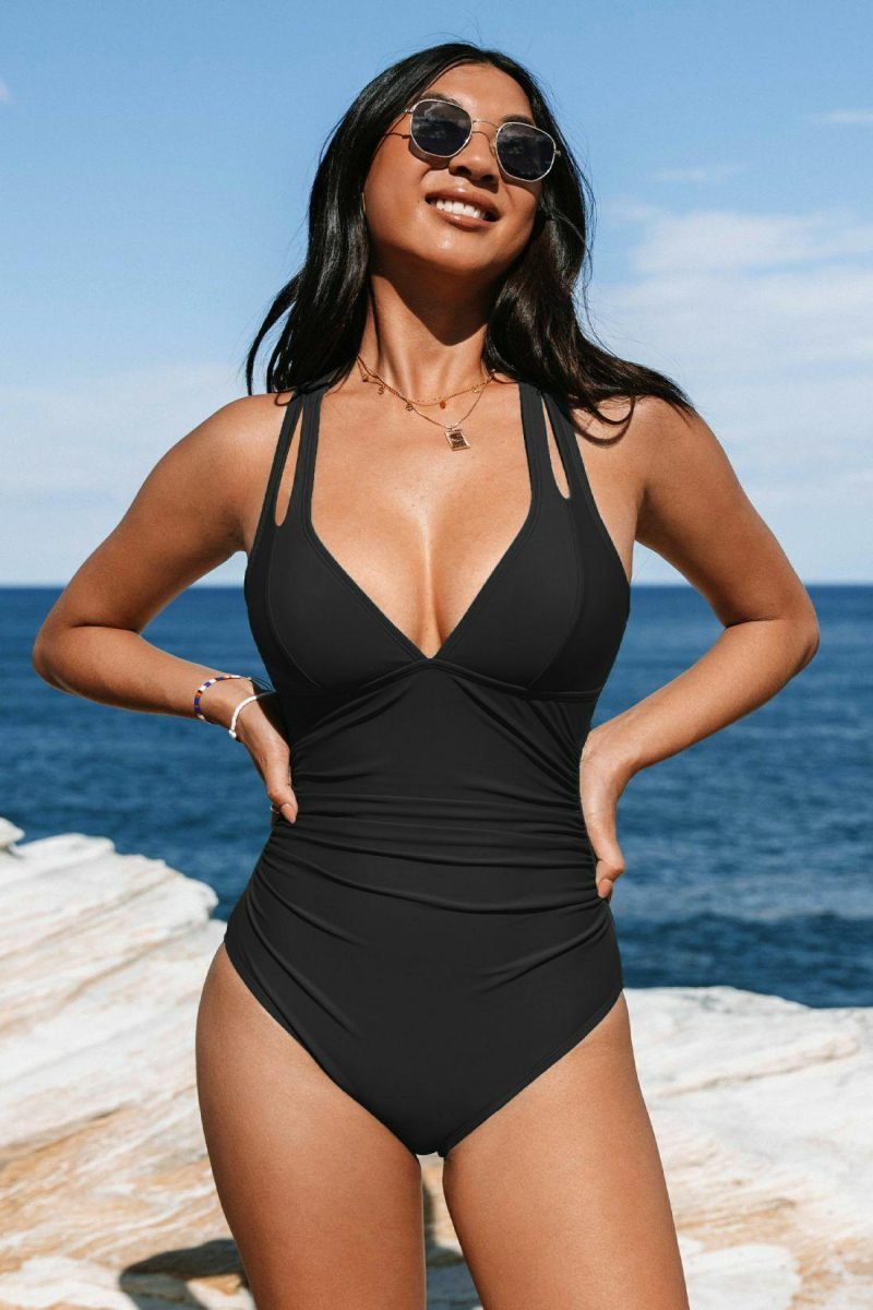 Fit Solutions | Plunge Paneling Cross Tie Back Long Torso One Piece Swimsuit – Womens Fit Solutions Black