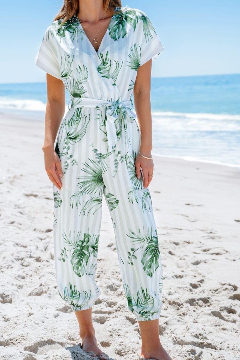 Floral Jumpsuit & Playsuit | Striped Leaf Print Jogger Jumpsuit – Womens Floral Jumpsuit & Playsuit Floral Jumpsuit & Playsuit