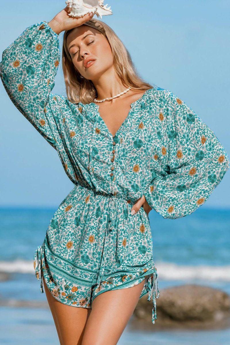 Floral Jumpsuit & Playsuit | Teal Floral Blouson Sleeve Playsuit – Womens Floral Jumpsuit & Playsuit Floral Jumpsuit & Playsuit