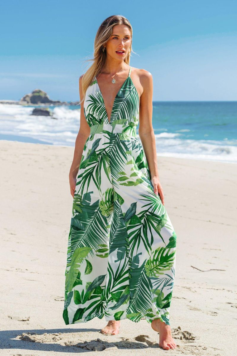 Floral Jumpsuit & Playsuit | Tropical Plunging Sleeveless Wide Leg Jumpsuit – Womens Floral Jumpsuit & Playsuit Floral Jumpsuit & Playsuit