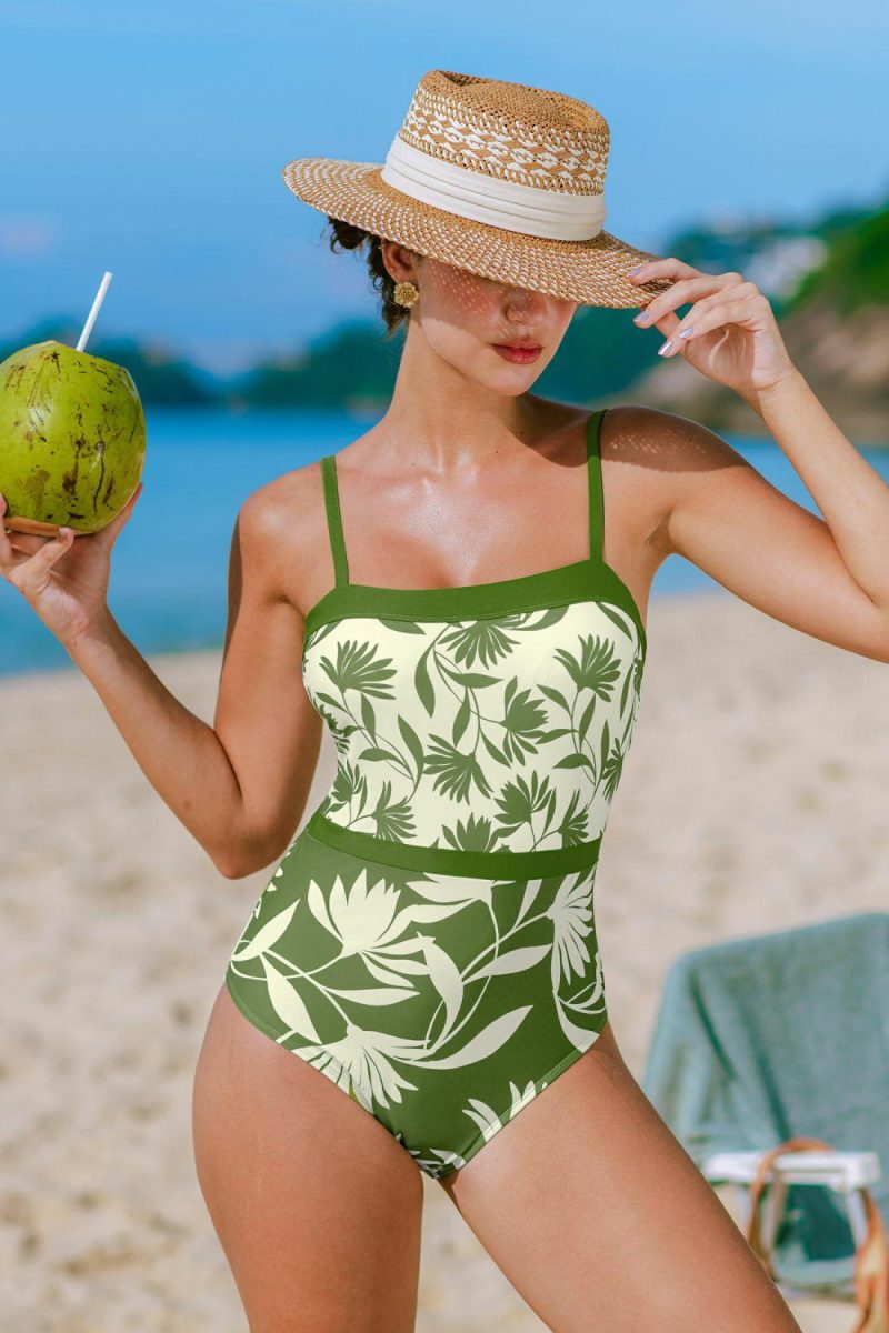 Floral & Tropical | Green & White Floral Square Neck One Piece Swimsuit – Womens Floral & Tropical Floral & Tropical