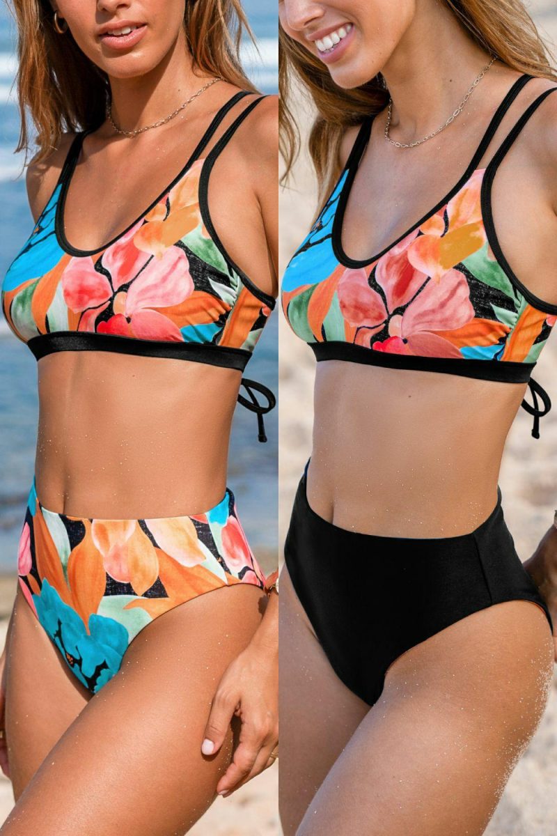 High Waisted | Modern Garden Lace-Up Bikini Top & Reversible Bottoms Set – Womens Bikini Bikini Sets