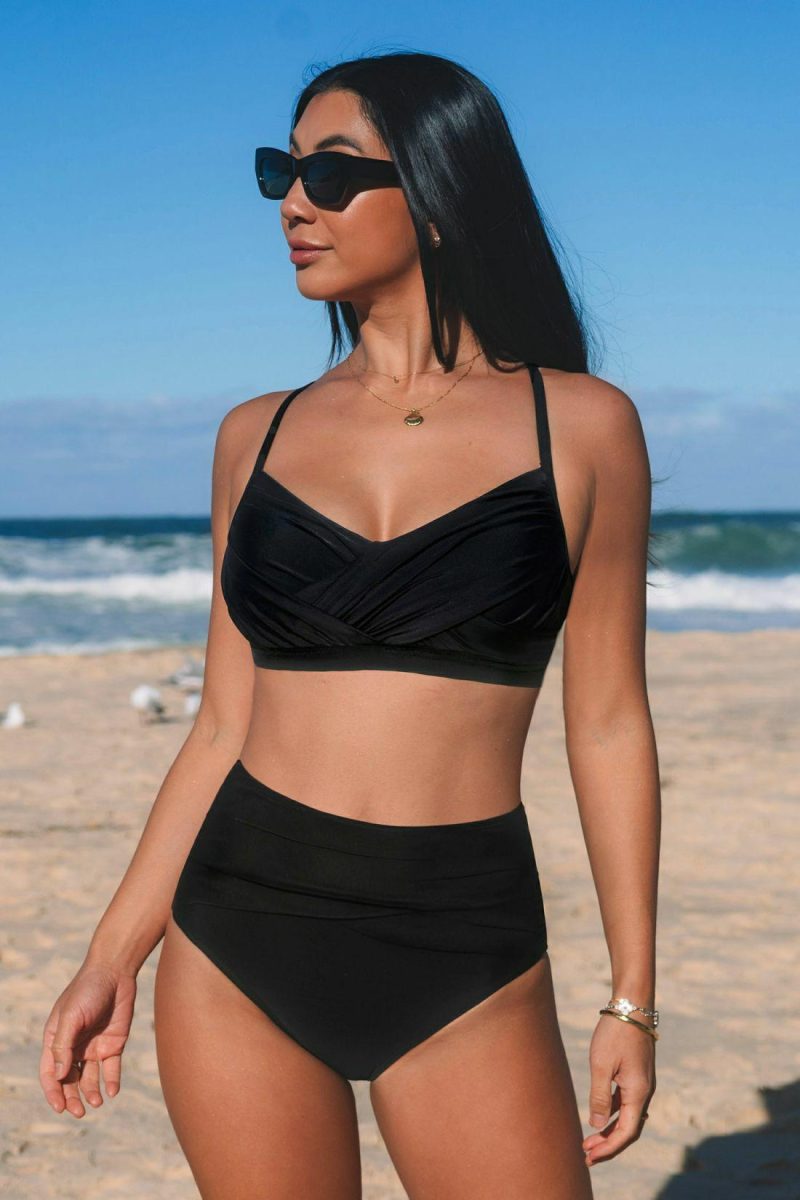 High Waisted | Onyx Lace-Up Bikini Top & Ruched Bottoms Set – Womens Bikini Bikini Sets