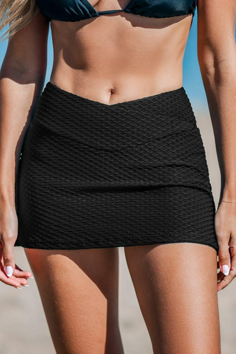 High Waisted | Textured Black Retro Swim Skirt – Womens Bikini Black