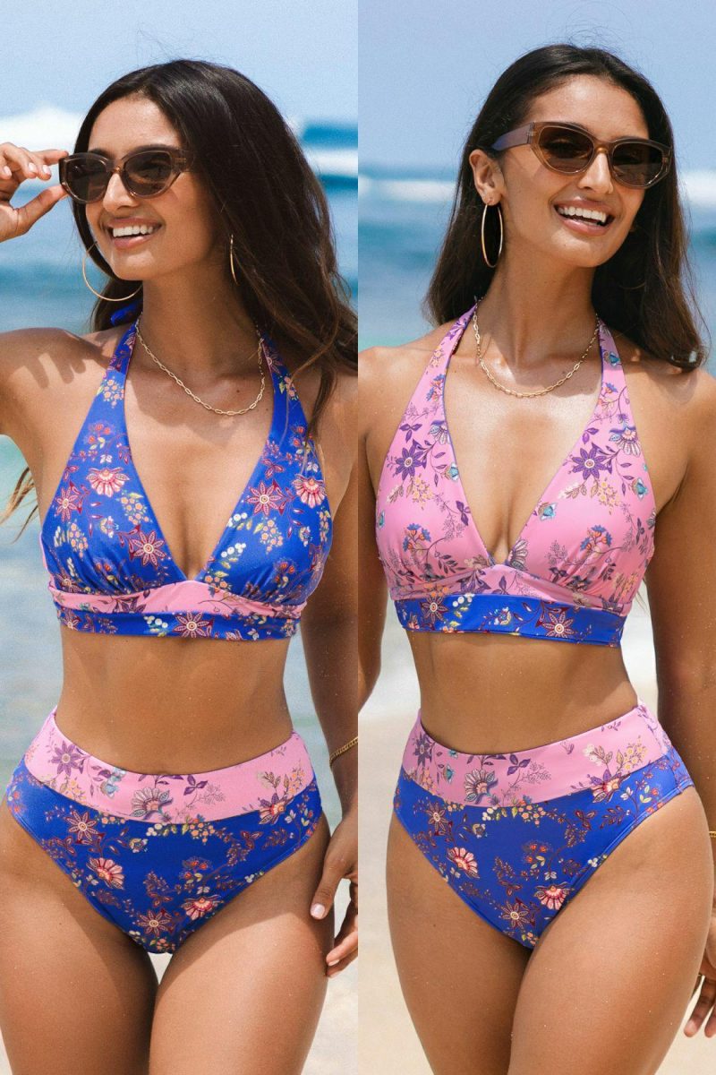 High Waisted | Wild Day Flower Reversible Bikini Top & Colorblock Bottoms Set – Womens Bikini Bikini Sets