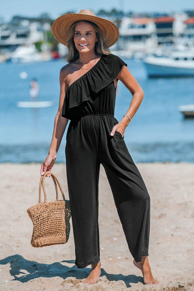 Jumpsuit | Black Ruffled One-Shoulder Jumpsuit – Womens Jumpsuit Black