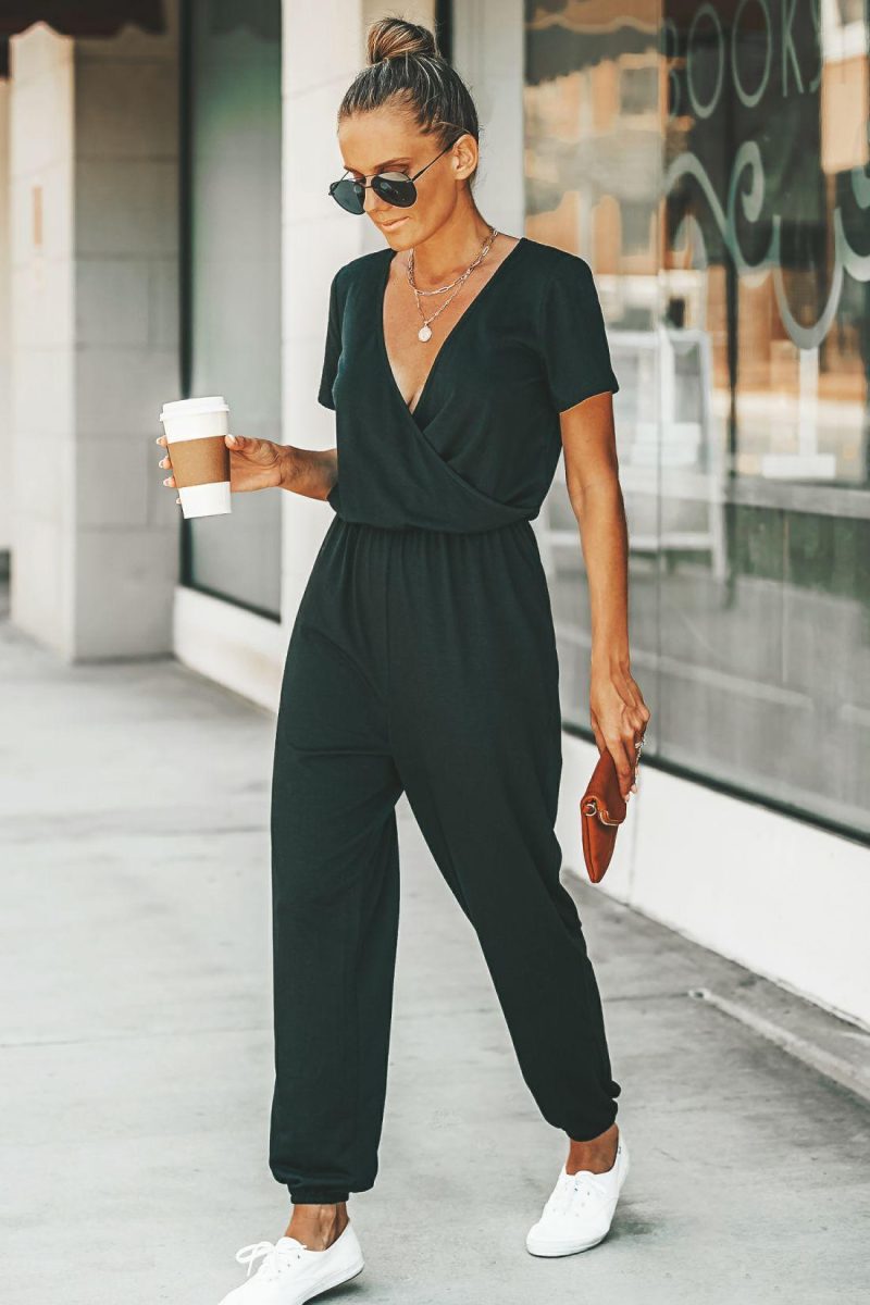 Jumpsuit | Danica V-neck Maxi Short Sleeve Jumpsuit – Womens Jumpsuit Black