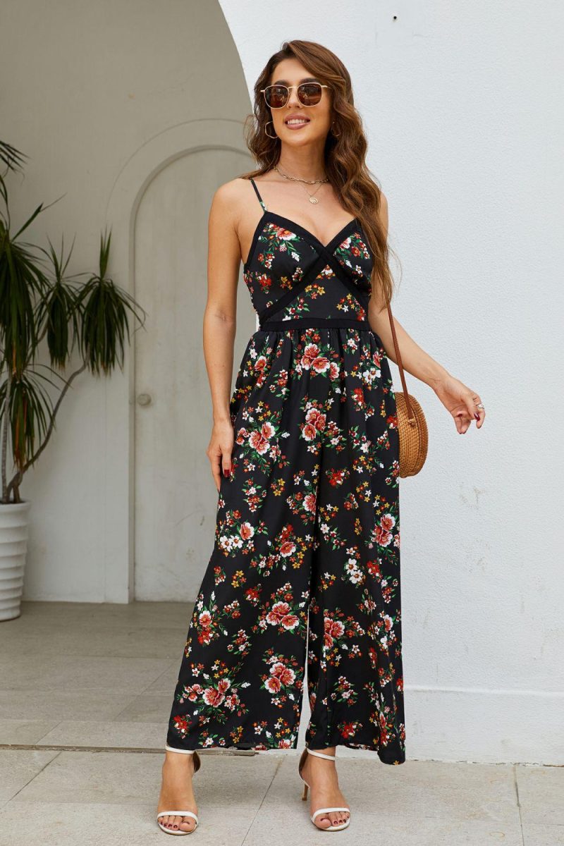 Jumpsuit | Dark Floral Sleeveless V-Neck Wide Leg Jumpsuit – Womens Floral Jumpsuit & Playsuit Black